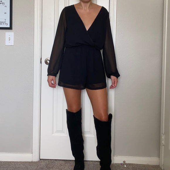 Express Dresses & Skirts - Express Black long sleeve romper deep V sheer